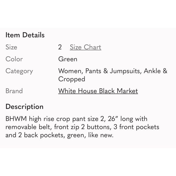 WHITE HOUSE BLACK MARKET | green slim high rise crop pants 2 - Picture 8 of 8